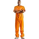 VZQI Prisoner Costume Men Inmate Costume Short Sleeve Tops and Pant Set Jail Costume Halloween Orange Prison Jumpsuit