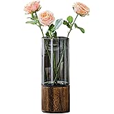 Artistic Wood Glass Vase, 10" H, Wooden Base Cylindrical Flower Vase, Classic Boho Rustic Style for Fireplace Bedroom Kitchen Living Room Centerpieces Office Desk