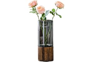 VALEMOON Artistic Wood Glass Vase, 10" H, Wooden Base Cylindrical Flower Vase, Classic Boho Rustic Style for Fireplace Bedroom Kitchen Living Room Centerpieces Office Desk