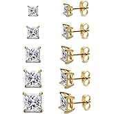 Gemsme 5 Pairs Princess Cut Cubic Zirconia Stud Earrings for Women/Men - 18K Gold Plated Hypoallergenic 3-7mm Square Clear CZ Earring Set