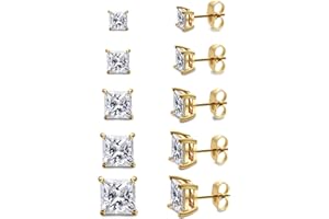 Gemsme 5 Pairs Princess Cut Cubic Zirconia Stud Earrings for Women/Men - 18K Gold Plated Hypoallergenic 3-7mm Square Clear CZ Earring Set