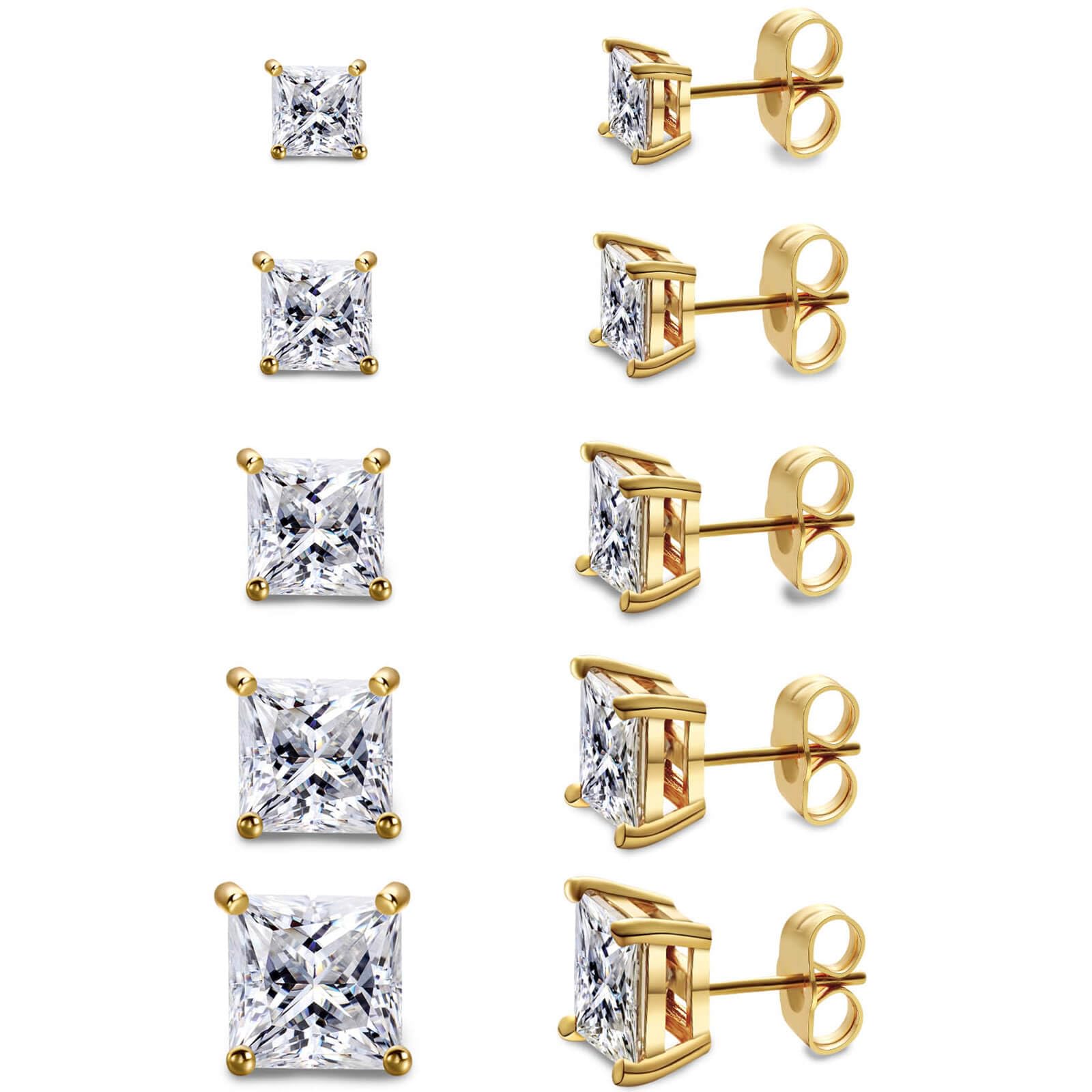 Photo 1 of Gemsme 5 Pairs Princess Cut Cubic Zirconia Stud Earrings for Women/Men - Flat Back 18K Gold Plated Hypoallergenic 3-7mm Square Clear CZ Earring Set - Gold