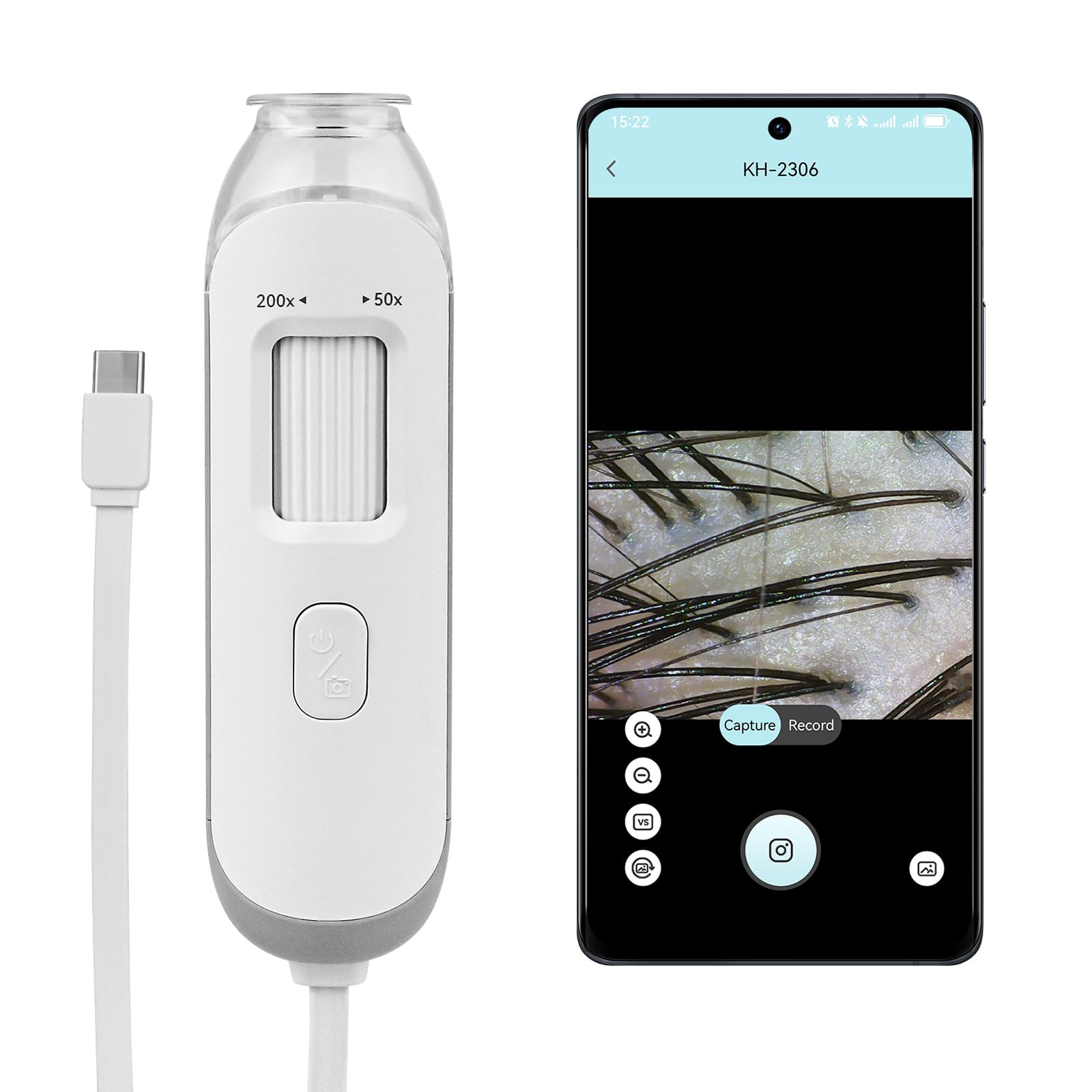 Photo 1 of USB-C Scalp Camera Handheld Microscope, 50X–200X Zoom Fixed Focus HD Magnifier with LED,Portable USB Microscope for Phone/ipad,Plug & Play with KM Health App, Scalp/Skin/Hair Follicle Viewing Tool