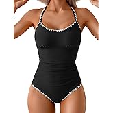 Eomenie Women's One Piece Swimsuit Tummy Control Slimming Bathing Suit Ruched Swimwear Tie Back Shell Stitch Swim Suit