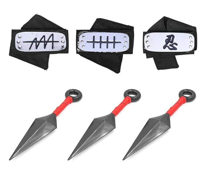 Masterboxan Naruto Stirnband, 3 Stück Cosplay Zubehör Japanisches Anime und 3 Stück große Kunai Kunststoff Spielzeug mit Meta