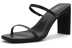 Carcuume Women's Square Toe Two Strap Open Toe Block Heels Sandals Slip On Shoes