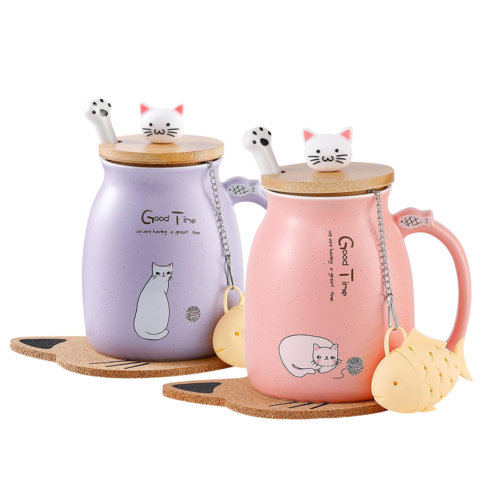 Cat Mug Cute Ceramic Coffee Cup with Lovely Kitty lid Stainless Steel Spoon,Novelty Morning Cup Tea Milk Christmas Mug Gift 380ML (Pink & Purple)