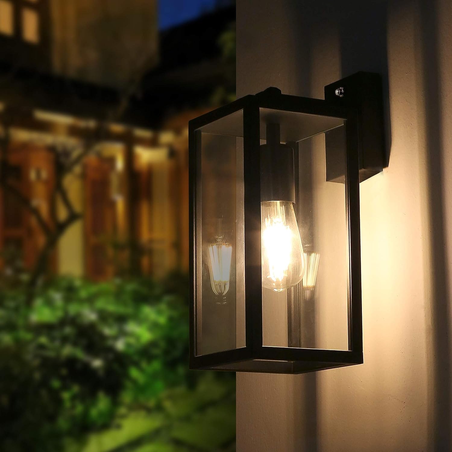 BRIMMEL Outdoor Wall Light Dusk to Dawn - Aluminum Black Wall Lantern Porch Sconce with Ambient Sensor, Anti-Rust IP44 Lights Fixture with Clear Glass Shade, Matte Black