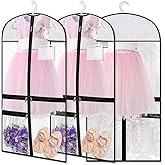 3pcs Dance Garment Bags for Costumes Suits Coats with Zipper, All Clear Waterproof Dance Costume Bag, Foldable Dresses Cover 