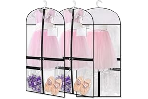 3pcs Dance Garment Bags for Costumes Suits Coats with Zipper, All Clear Waterproof Dance Costume Bag, Foldable Dresses Cover 