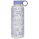 Christian Art Gifts BPA-Free Reusable Inspirational Frosted Glass Water Bottle for Women & Girls: Saved by Grace Encouraging Bible Verse, Carry Handle Loop, Twist Cap Lid, Lilac Purple Floral, 17 oz.