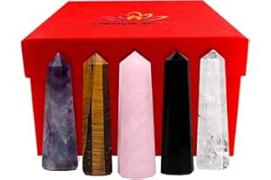 Large Crystal Tower Set of 5 – 3” Lifestyle on Fire Crystal Wands for Healing and Energy Direction – Points in Rose & Clear Quartz, Tigers Eye, Amethyst, Black Obsidian – Stone Decor
