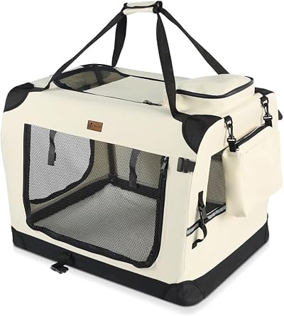 VOUNOT Pet Carrier Bag 3 Entry Doors Foldable Mesh Padded Beige M