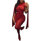 Women's Sexy 2 Piece Outfits Ruched Crowl Neck Cape Sleeve Thong Bodysuit Top Sheer Stockings Club Jumpsuits