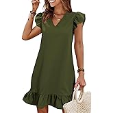QACOHU Spring Summer Dresses for Women 2026 V Neck Cap Sleeve Ruffle Hem Smock Short Casual Beach Dress