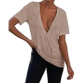 Womens Sexy Deep V Neck T Shirts Summer Oversized Short Sleeve Tee Tops