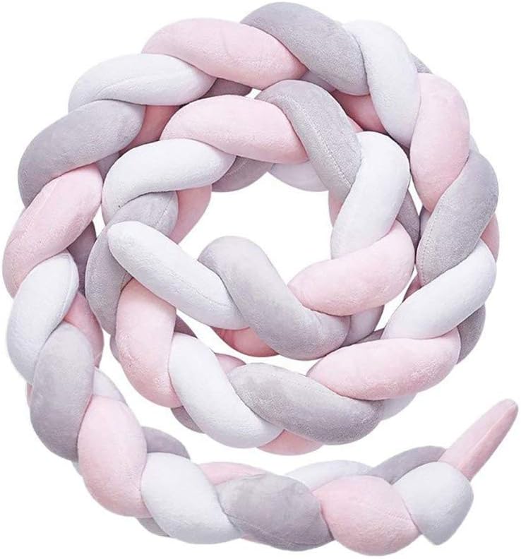 QINGLOU cot Bumper Braid Pillow,Baby Head Guard Bumper Knot Braid Pillow Cushion, Decorative Pillow for Baby Nursery Crib Bedding (White + Pink + Gray, 100cm)