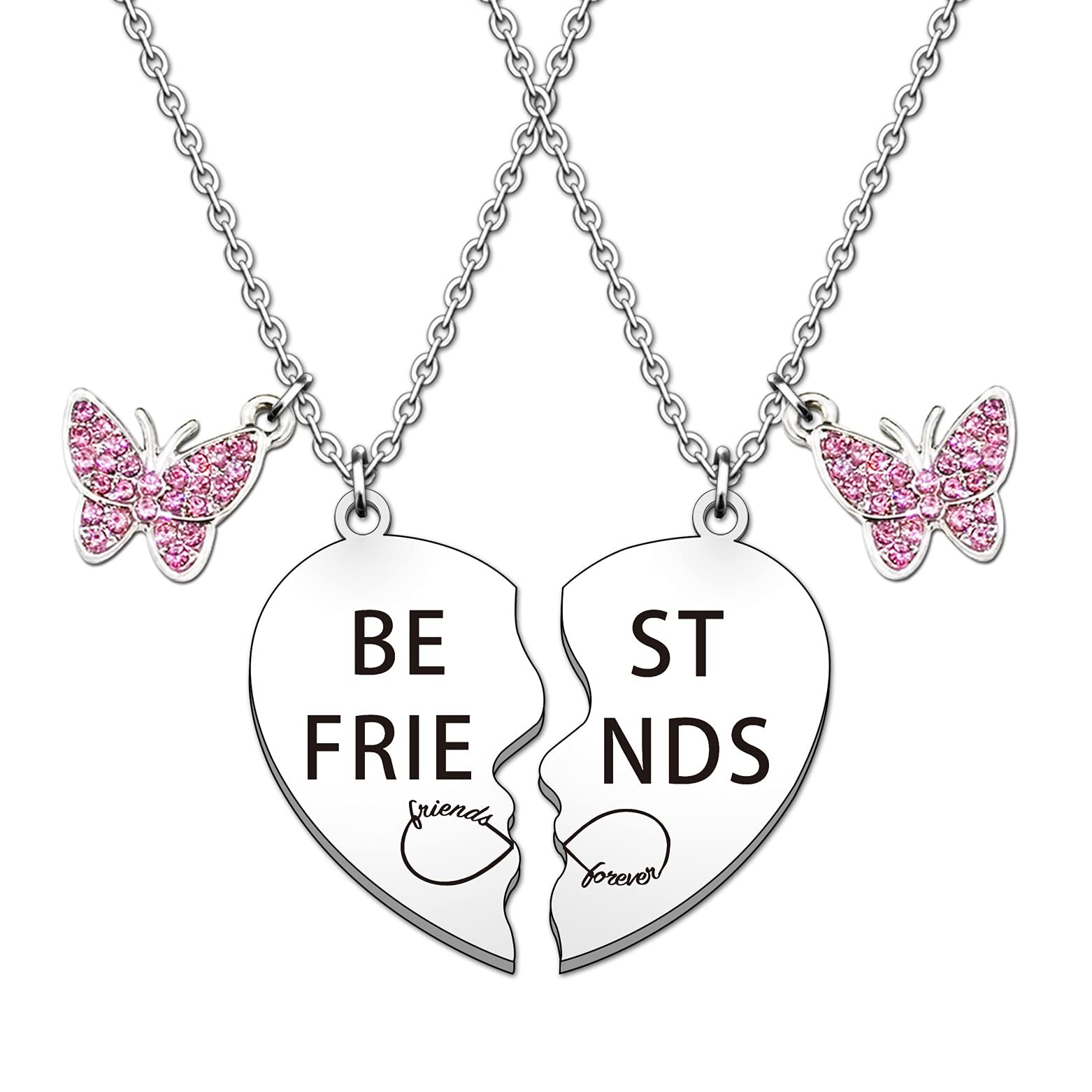 HULALA Best Friend Necklaces For 2 Girls BFF Best Friends Gifts Friendship Puzzle Heart Necklace Set Charm Pink Rhinestone Butterfly Pendant Necklace Jewellery