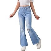 SHENHE Girl's High Waisted Flare Leg Jeans Split Raw Hem Denim Pants with Pockets