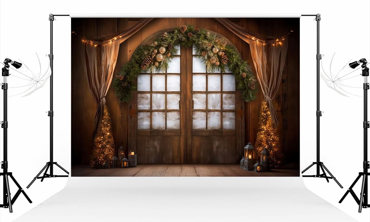 thumbnail image 2 of Kate Christmas Tree Photo Backdrop - 2.2x1.5m Red Wooden Wall Garland Winter Scene Microfiber Background 2 of 5