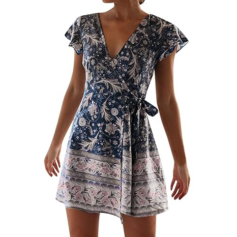 IZZB Mode Damen Sommer Partykleid Boho Lässig Hohe Taille Böhmen Print V-Ausschnitt National Style Midi Freizeitkleid Abendkl