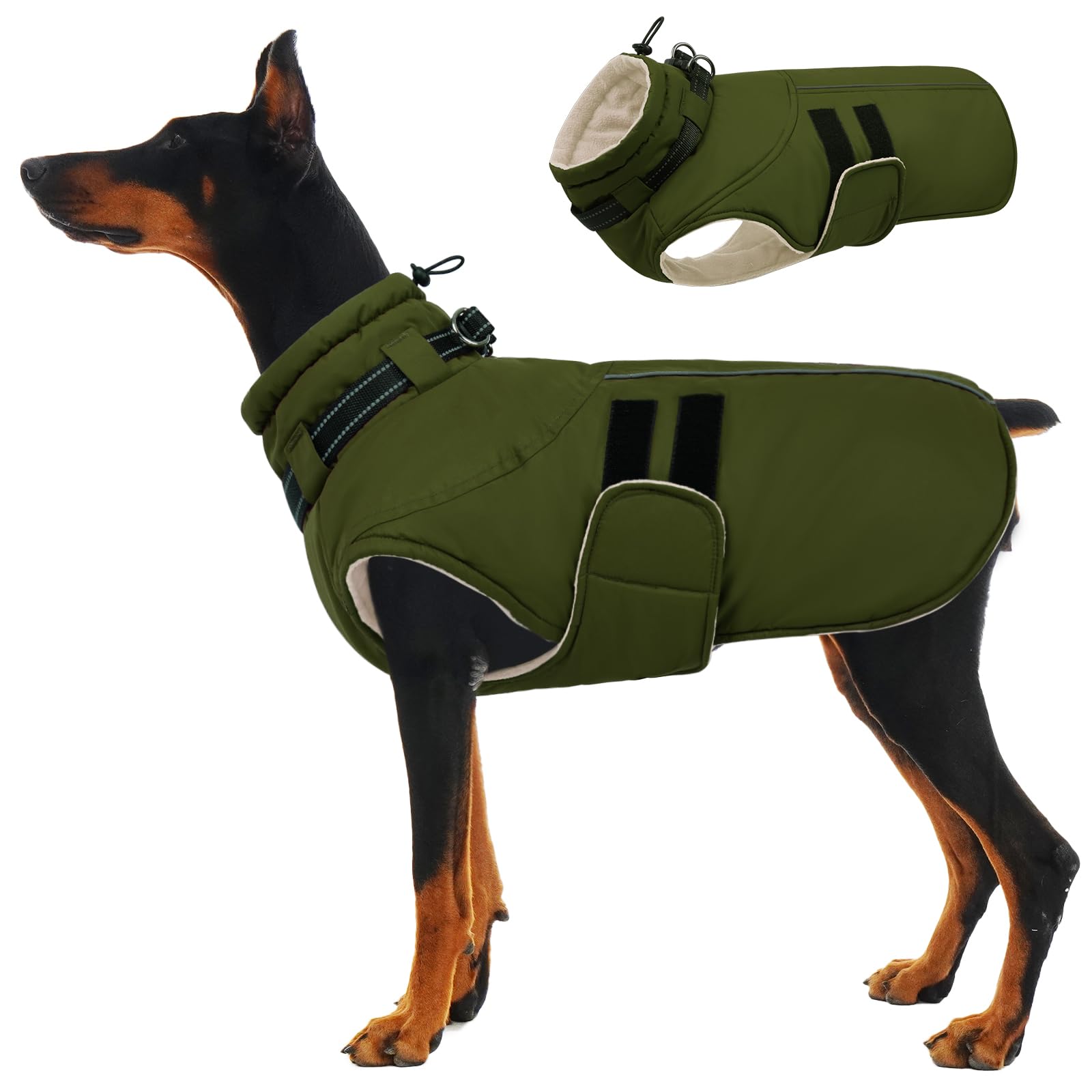 Photo 1 of IECOii XXXL Dog Coat for Large Dogs Waterproof Dog Jacket with Collar Built in, Reflective Winter Jacket with Fleece Lined Warm Cold Weather Coats for Extra Large Dogs, Great Dane, Army Green - 3XL