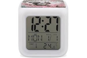 maccbn Squirrel Cherry Branch LED Digital Alarm Clock 7 Color Changing Wake Up Clock with Temperature Date Snooze Display Bat