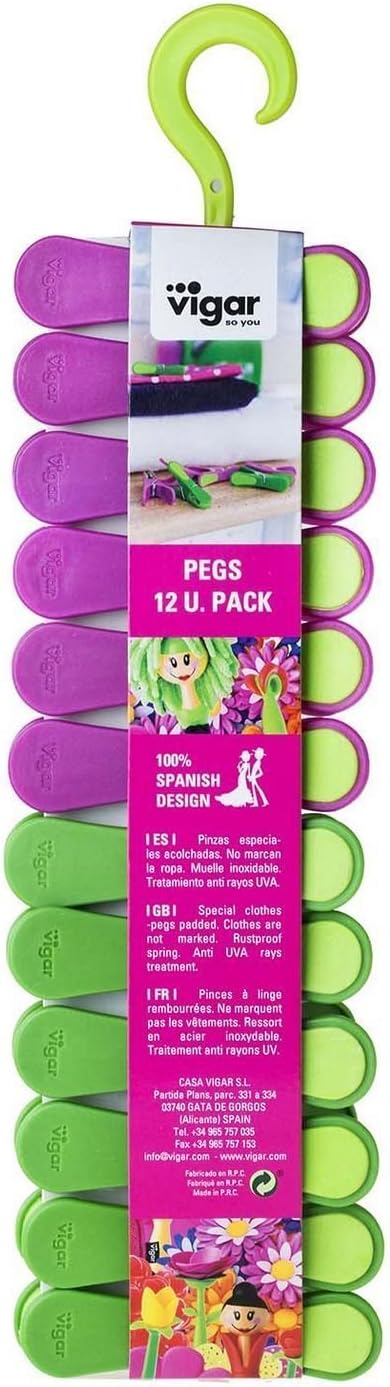 Vigar Flower Power Clamps Clothes, Plastic, 8 x 4 x 30 cm, Green and Magenta