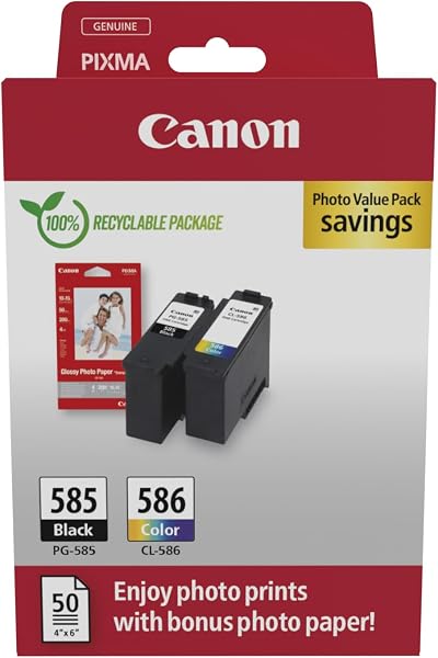 Canon PG-585 CL-586 Ink Cartridges Pack 2 with 50 Sheets Photo Paper TS7650i