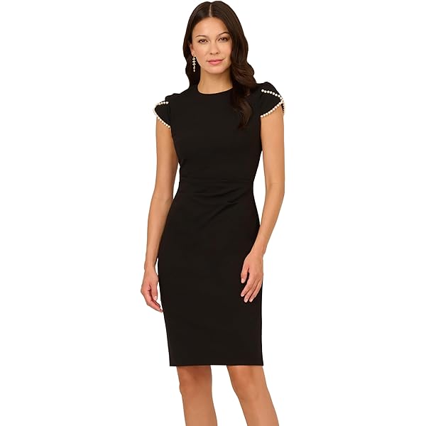 knee length dresses for ladies Navy Sate Crepe Midi Length Sheath Dress With Pearl Trimmed Sleeves