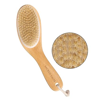 Sacred Salts Wooden Bath Brush For Dry Brushing Natural Boar Bristles With Contoure Angled Handle, Beige, 155 g
