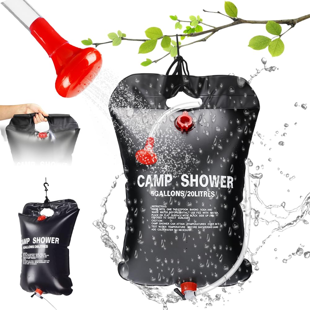 Gohytal 5 gallons 20L Solar Shower Bag, Portable Solar Heated Travel Camping Shower Bag Hot Water with Removable Hose and on-Off Switchable Shower Head for Beach Swimming Outdoor Traveling Camping