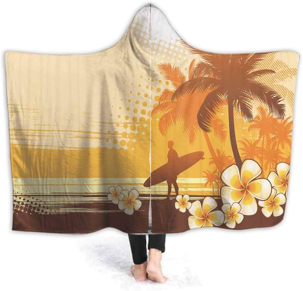 Fleece Blanket with Sleeves Surfer Tropical Landscape for Adult, Women, Men | Warm, Cozy, Extra Soft Throw 50W by 40H Inches(with Hooded)