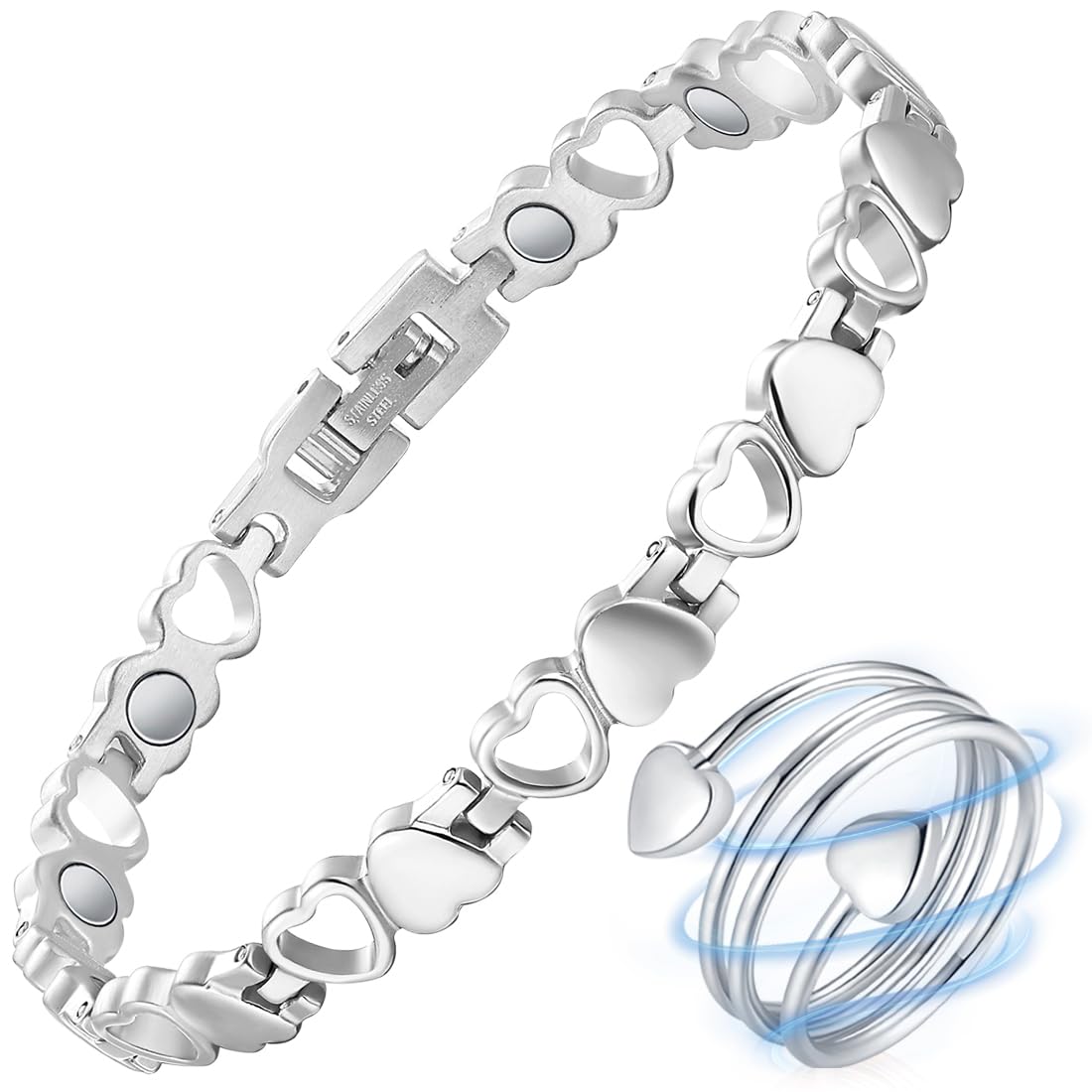 Vicmag Magnetic Bracelets for Women Ladies Titanium Steel Ultra Strength Magnets Bracelet with 3500 Gauss for Women with Gift Box & Removal Tool(Love Heart Design for Ladies)(Silver)