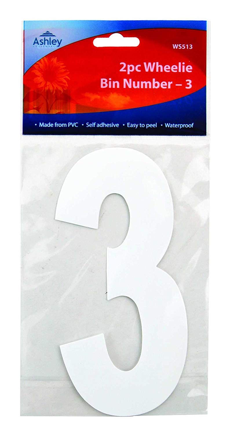 Number White Self-Adhesive 17 cm Set of 2 – No. 3 (WS513) Wheelie Bin Stickers – Design 1
