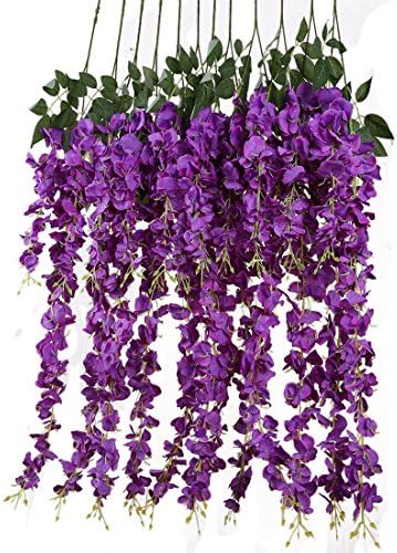 ABULU 24 Piece Realistic Artificial Silk Wisteria Vine Ratta Silk Hanging Flower Plant for Home Party Wedding Decor and Other Various Events, Each Purple