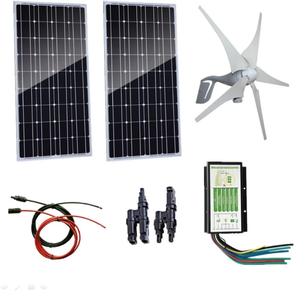 AUECOOR 12 Volts 600 Watts Wind Solar Power: 2pcs 100 Watt Monocrystalline Solar Panel+ 1pc 12V/24V 400 Watt Wind Turbine Generator + 5m Cable with MC4 Connector