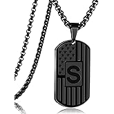 RWQIAN American Flag Initial Dog Tag Necklace for Men,Stainless Steel Letter A-Z with 24 Inch Chain Military Pendant Necklace Gift for Valentine's Birthday Christmas Anniversary Fathers Day