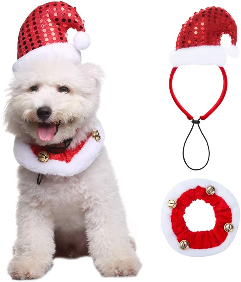 OFPUPPY Christmas Dog Headband Santa Claus' Hat Style and Bell Collar Pet Costume for Pets Doggies