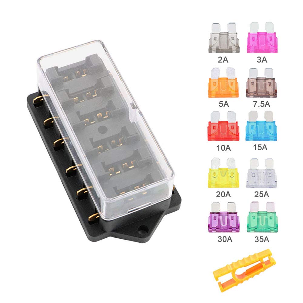Aiqeer 6 Way Car Blade Fuse Block, 12V / 24V / 32V / 48V Universal Standard Blade Fuse Holder, Car Blade Fuse Box with Damp-Proof Cover, for Car, Truck, Boat, Marine