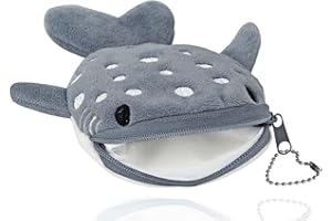 Krinisou Whale Shark Coin Purse Pouch, Small Kawaii Sea Animal Wallet Cartoon with Zipper Keychain, Embroidered Cute Kawaii Fish Change Purse for Women (Grey)