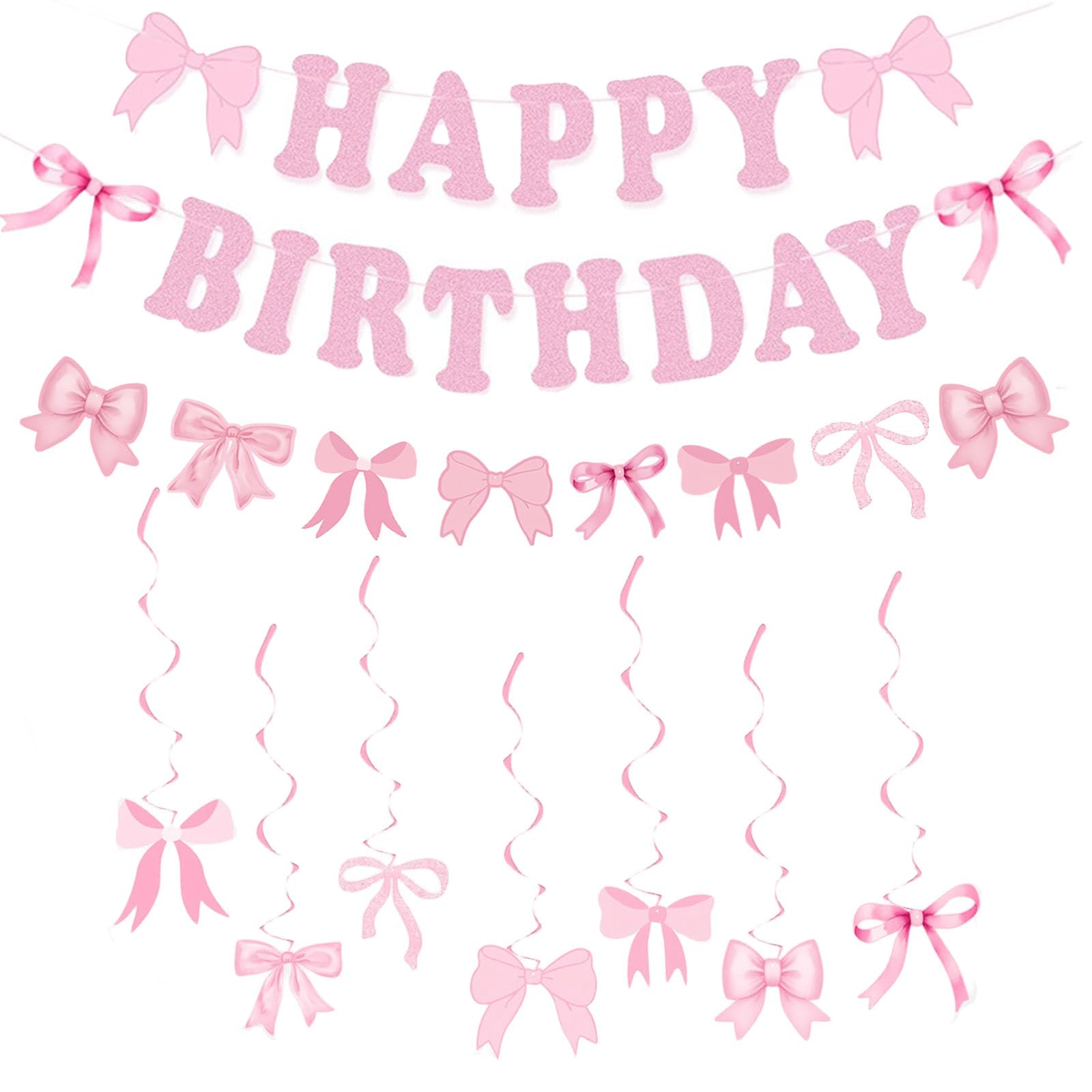 32-Piece Happy Birthday Decorations Set - Pink Party Banner with Bow Garlands, Thick Paper Birthday Party Supplies for Girls Kids Room Decor