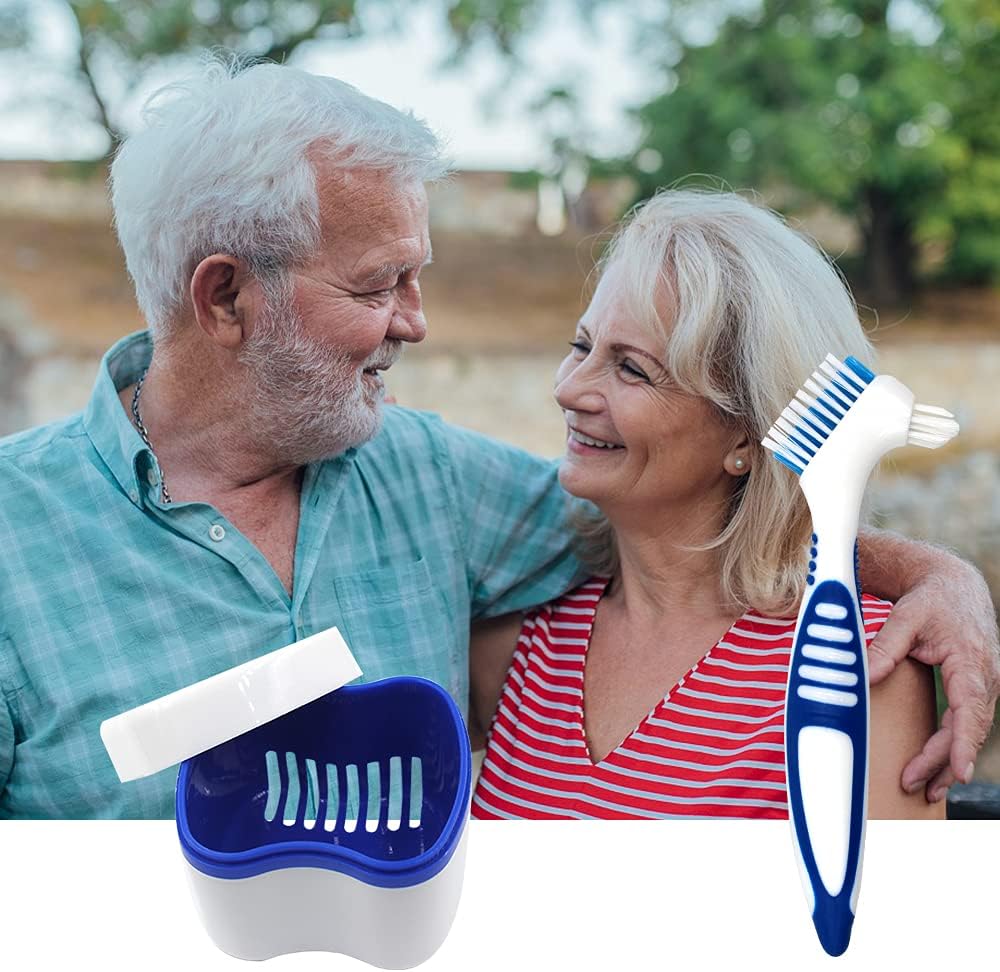 2 Packs Denture Bath Cases and 2 Packs Denture Cleaner Brushes kit, Portable Professional Denture Cups Denture Boxes Dentures Container with Removable Basket for Home Use (Blue, Pink, Purple): Health & Personal Care