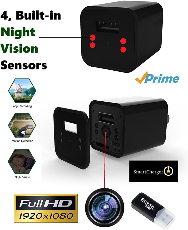 Night Vision Hidden Security Camera USB Wall Charger Adapter Plug - Motion Detection - 32GB Storage - Covert Batteryless HD 1080P Video Recorder - 4 Built In Night Vision Sensors - New Updated Version