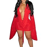 SHINFY Women Sexy Backless Mini Dress Draped Mesh Cowl Neck Long Sleeve Swing Going Out Cocktail Dresses
