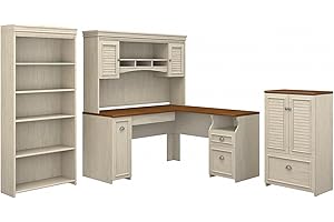 Bush Furniture Fairview L Shaped Desk with Hutch, 5 Shelf Bookcase and Storage, 60W, Antique White