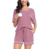 SWOMOG Womens Pajama Sets 2 Piece Short Sleeve Sleepwear Sets Soft Top and Shorts Pjs Lounge Sets with Pockets S-XXL