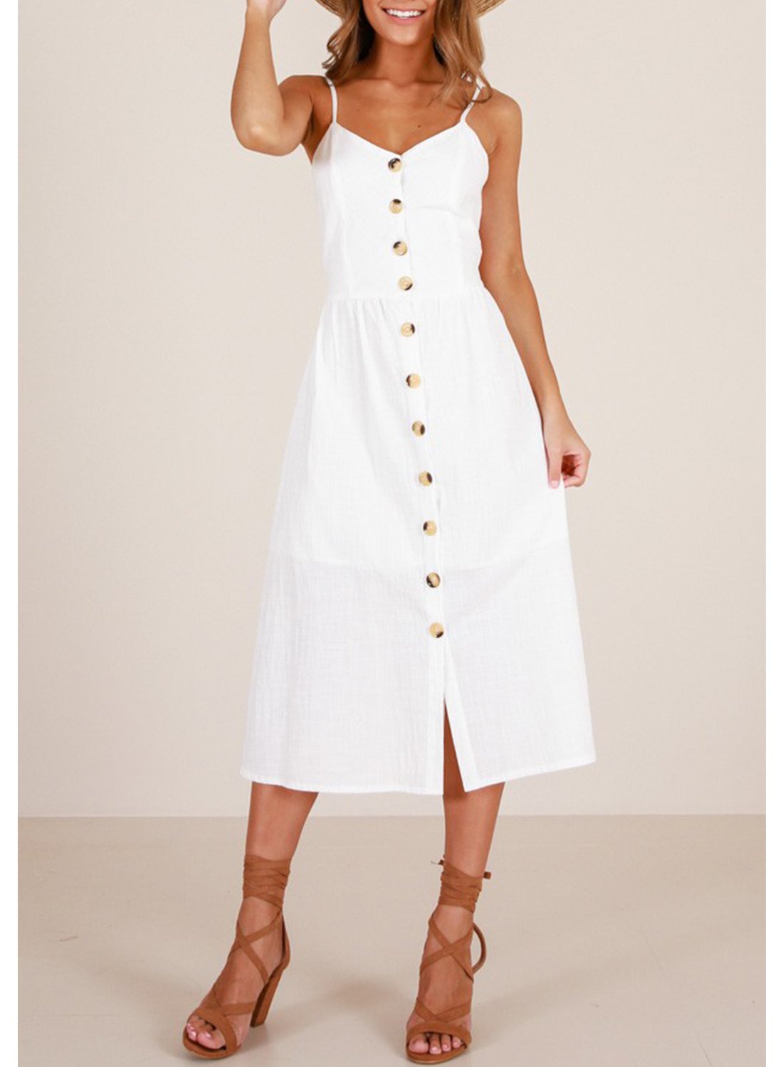 ZESICA Women's Summer Spaghetti Strap Solid Color Button ...