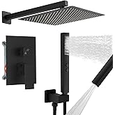 RUMOSE Matte Black Rainfall Shower System Fixture 12 Inch High Pressure Square Shower Head with 2 in 1 Handheld Spray Wall Mount Brass Bathroom Shower Faucet Set with cUPC Certified Rough-in Valve