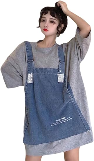 Amazon ｔａｉｔｅｎｇ Tシャツ レディース ロング 半袖 ゆったり カットソー 偽二枚 レイヤード デニム トップス 韓国ファッション 夏 ビッグtシャツ 原宿系 可愛い Tシャツ カットソー 通販